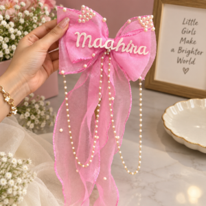 Customized Pearl Name Bow – Pink Organza Hair Accessory for Girls