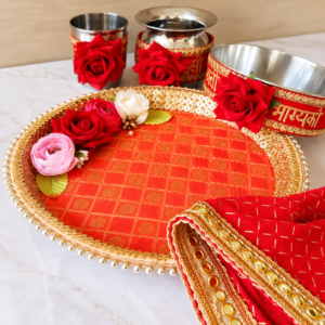 Premium Karwa Chauth Thali Set with Lota, Glass & Chalni